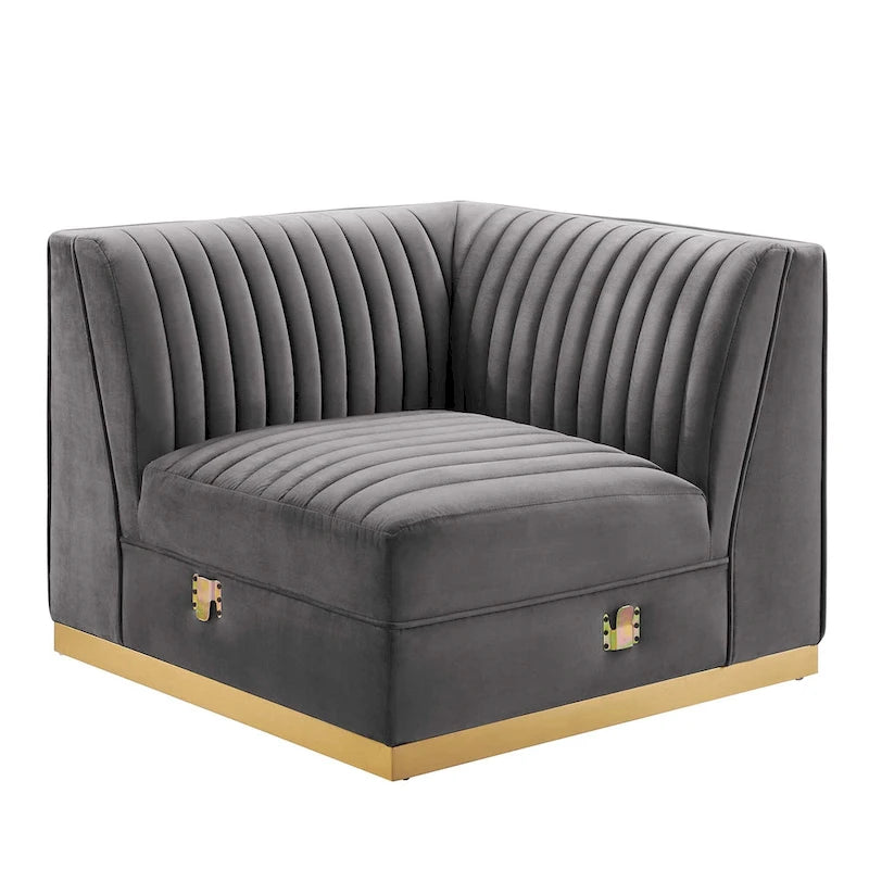 Dusty Rose / Navy Blue / Gray Channel Tufted Velvet Left Corner Chair, 1-Seat