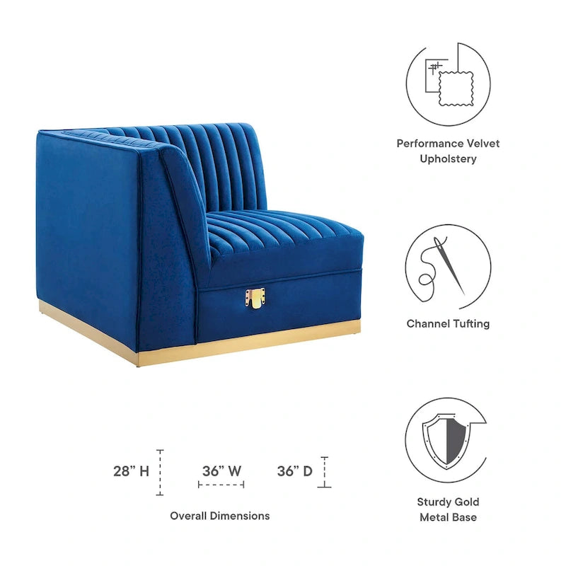 Dusty Rose / Navy Blue / Gray Channel Tufted Velvet Left Corner Chair, 1-Seat