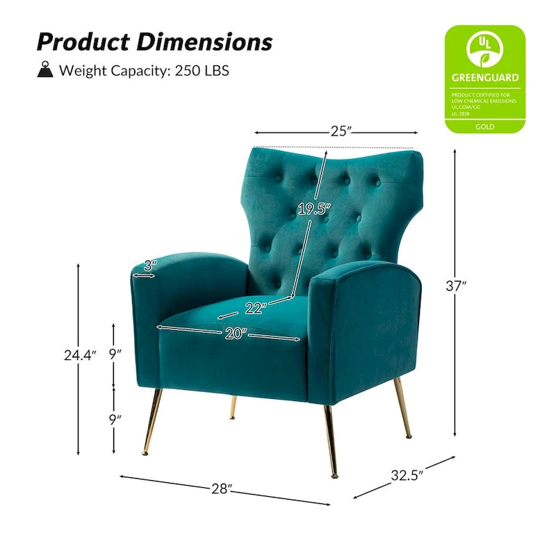 Multi-Color Velvet Wingback Tufted Accent Chair, Set of 2, 1-Person