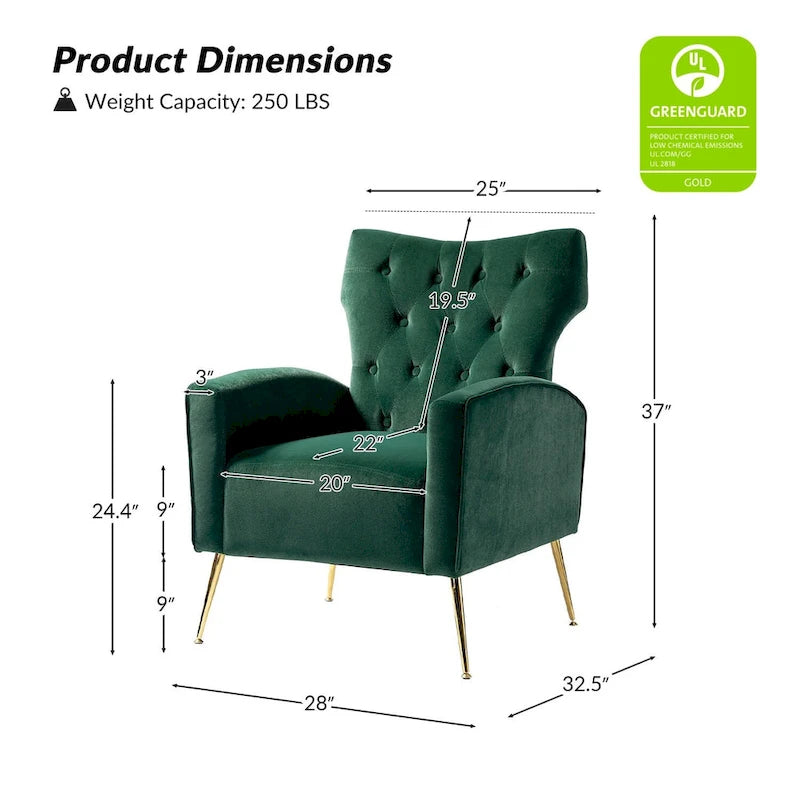 Multi-Color Velvet Wingback Tufted Accent Chair, Set of 2, 1-Person