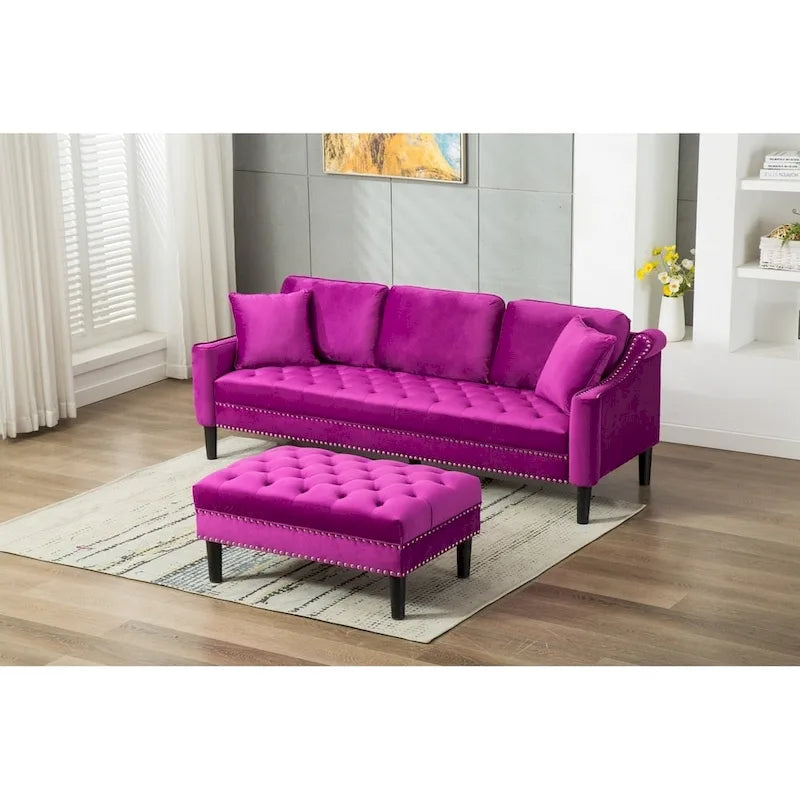 Red / Blue / Grey / Purple Tufted Fabric Sofa with Ottoman, 3-Seat
