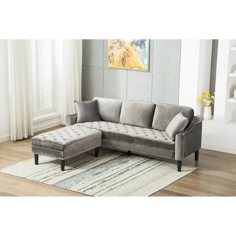 Red / Blue / Grey / Purple Tufted Fabric Sofa with Ottoman, 3-Seat