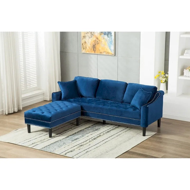 Red / Blue / Grey / Purple Tufted Fabric Sofa with Ottoman, 3-Seat