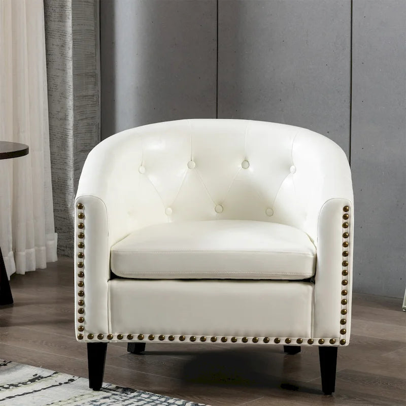 White / Dark Brown PU Leather Club Chair with Nailhead Trim, Single Seat