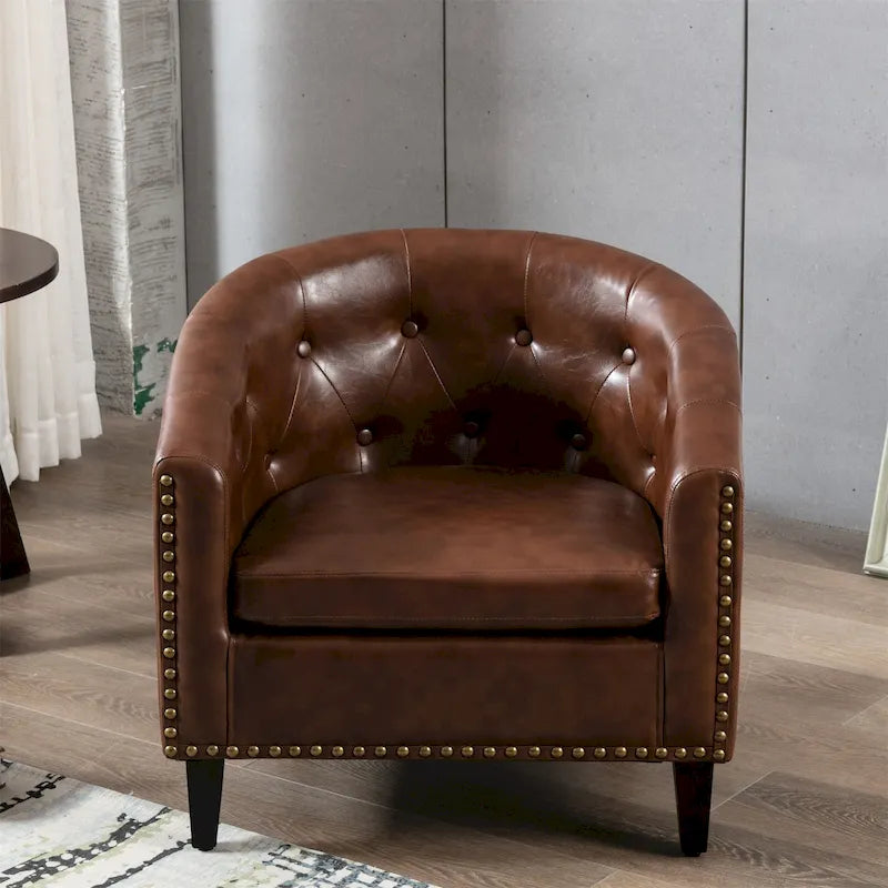 White / Dark Brown PU Leather Club Chair with Nailhead Trim, Single Seat