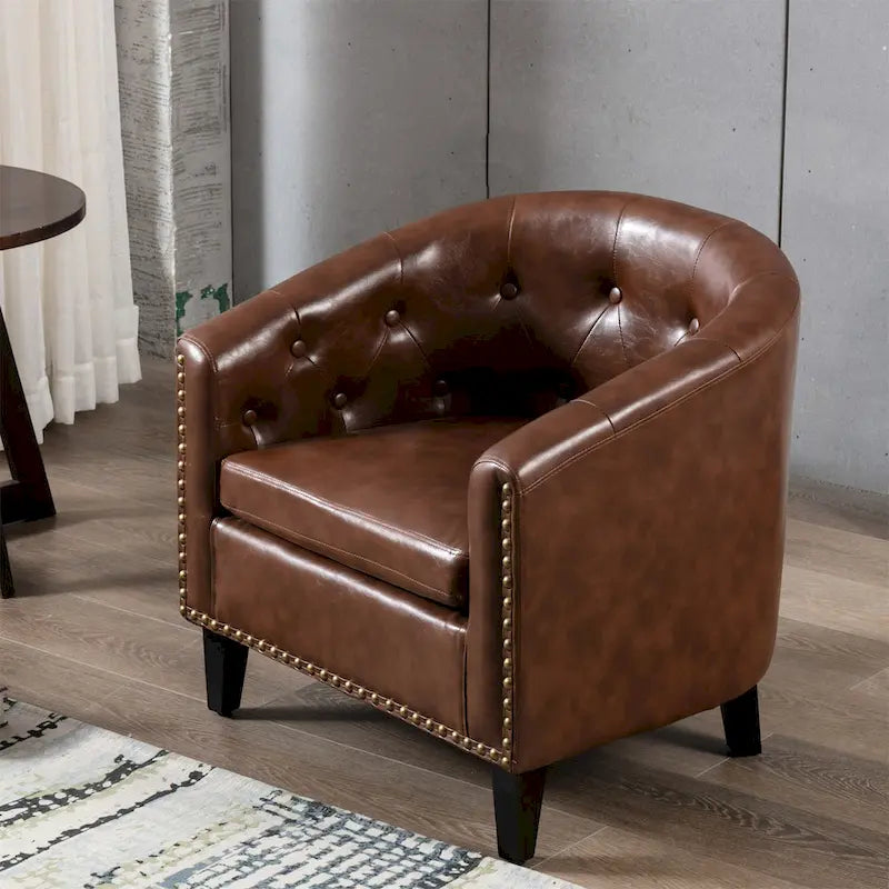 White / Dark Brown PU Leather Club Chair with Nailhead Trim, Single Seat