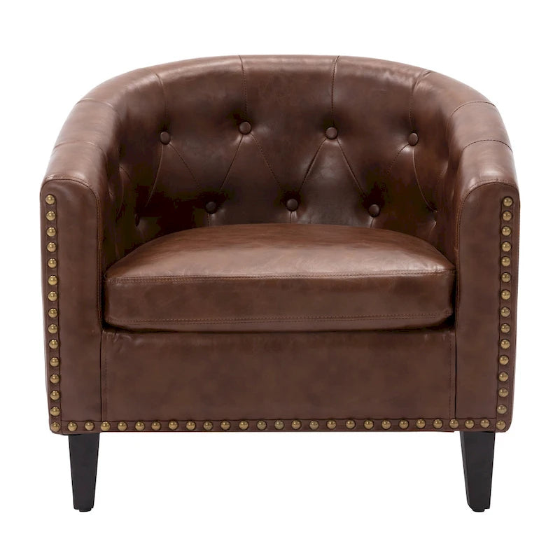 White / Dark Brown PU Leather Club Chair with Nailhead Trim, Single Seat