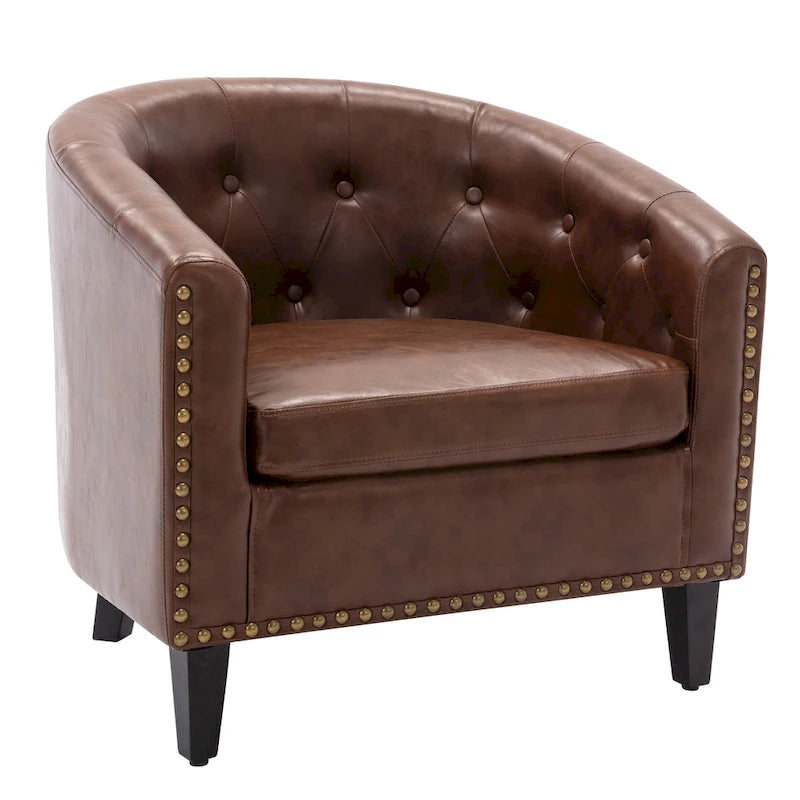 White / Dark Brown PU Leather Club Chair with Nailhead Trim, Single Seat