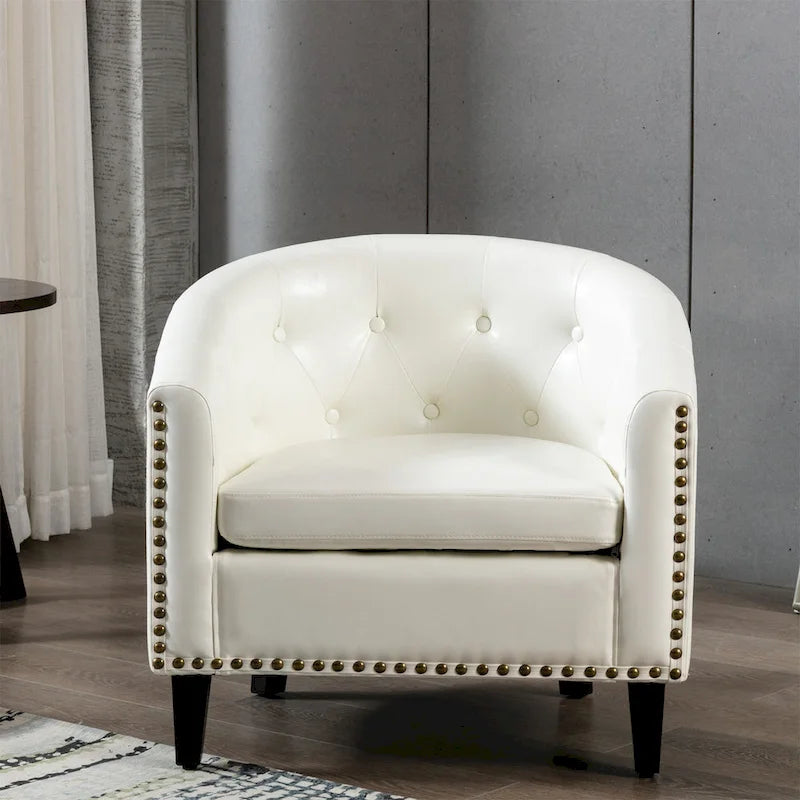 White / Dark Brown PU Leather Club Chair with Nailhead Trim, Single Seat