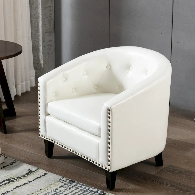 White / Dark Brown PU Leather Club Chair with Nailhead Trim, Single Seat
