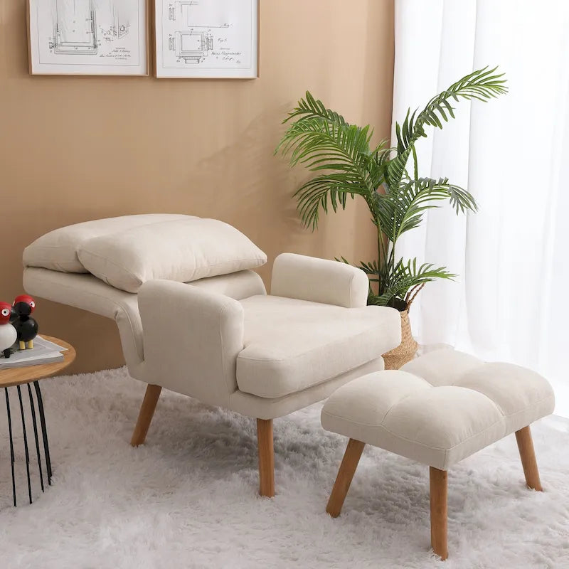 Blue / Beige Linen Reclining Accent Chair with Ottoman – 1-Person