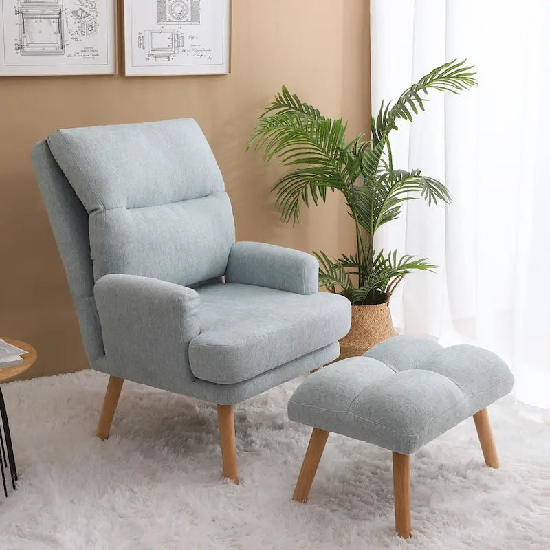 Blue / Beige Linen Reclining Accent Chair with Ottoman – 1-Person