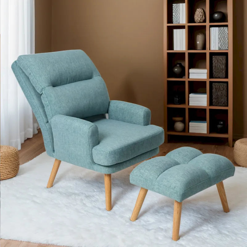 Blue / Beige Linen Reclining Accent Chair with Ottoman – 1-Person