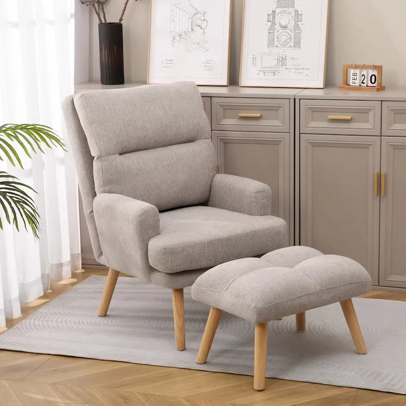 Blue / Beige Linen Reclining Accent Chair with Ottoman – 1-Person