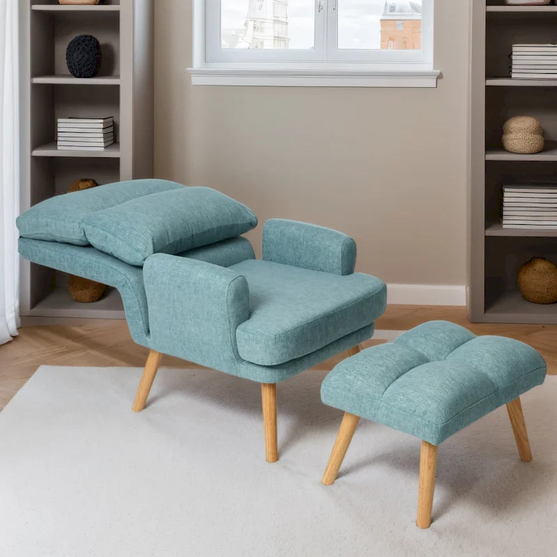 Blue / Beige Linen Reclining Accent Chair with Ottoman – 1-Person