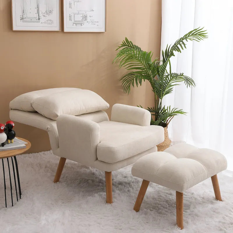 Blue / Beige Linen Reclining Accent Chair with Ottoman – 1-Person