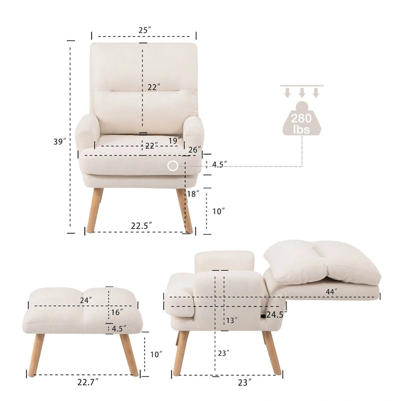 Blue / Beige Linen Reclining Accent Chair with Ottoman – 1-Person