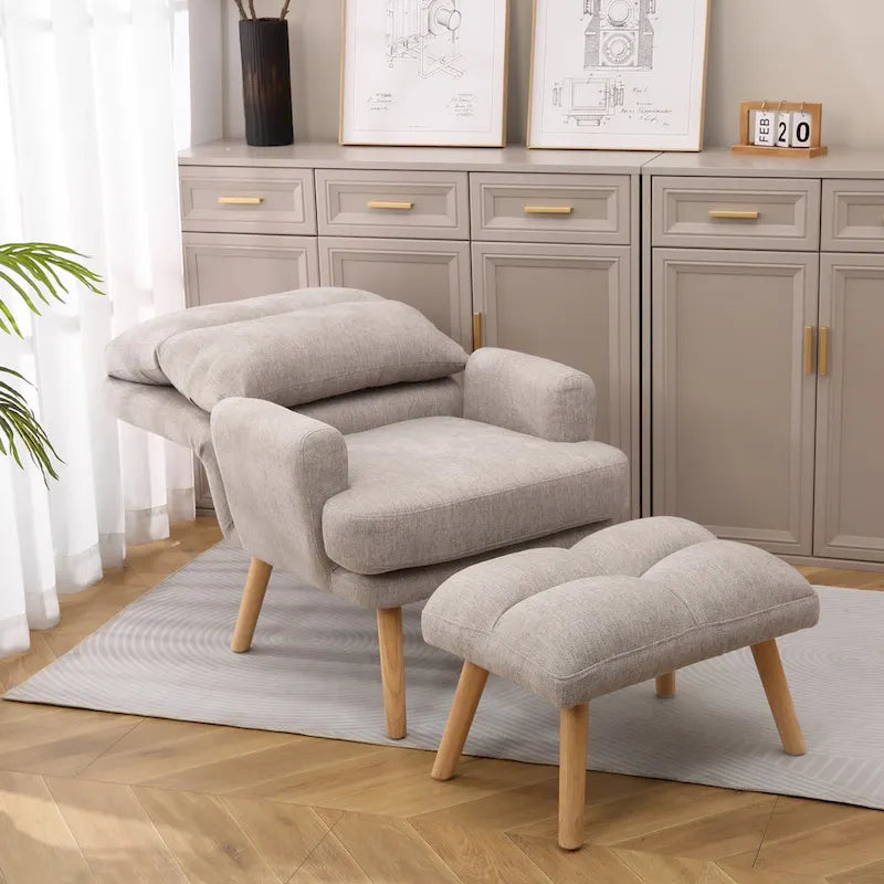 Blue / Beige Linen Reclining Accent Chair with Ottoman – 1-Person