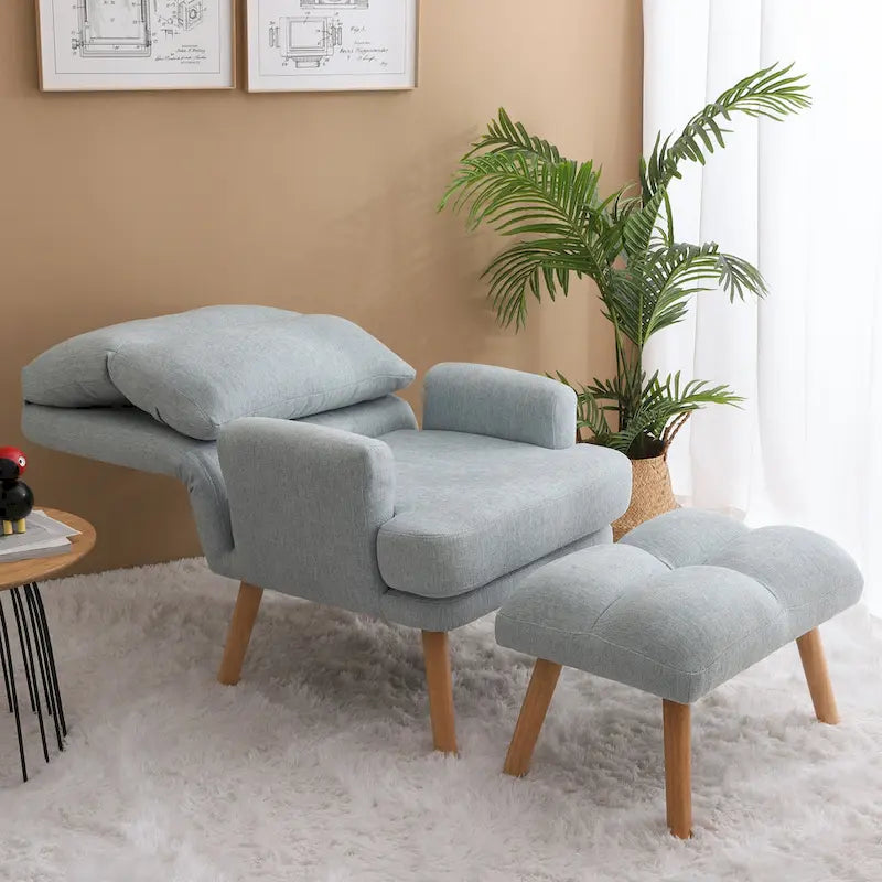Blue / Beige Linen Reclining Accent Chair with Ottoman – 1-Person