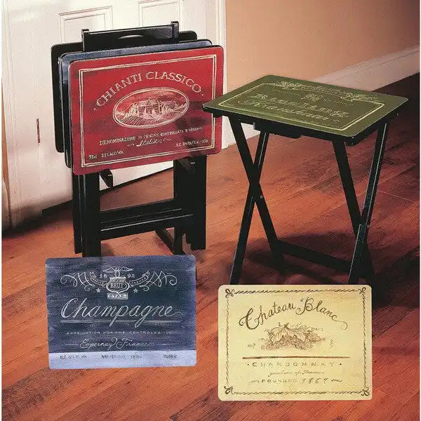 Off White / Multi Folding Wood TV Tray Table Set of 4 with Storage Stand