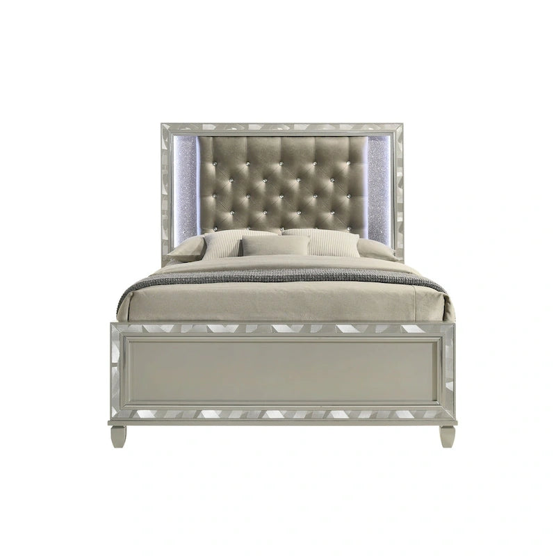 Gray & Silver LED Button-Tufted Upholstered Bed, For 1–2, King/Cal King/Queen