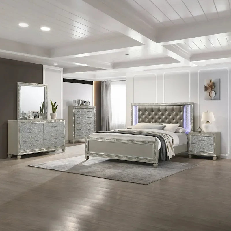 Gray & Silver LED Button-Tufted Upholstered Bed, For 1–2, King/Cal King/Queen