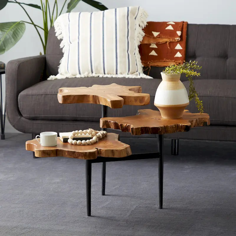 Brown Teak Wood Live Edge 3-Tier Accent Table, Black Metal Base