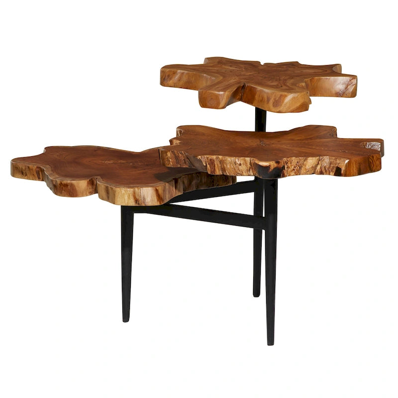 Brown Teak Wood Live Edge 3-Tier Accent Table, Black Metal Base