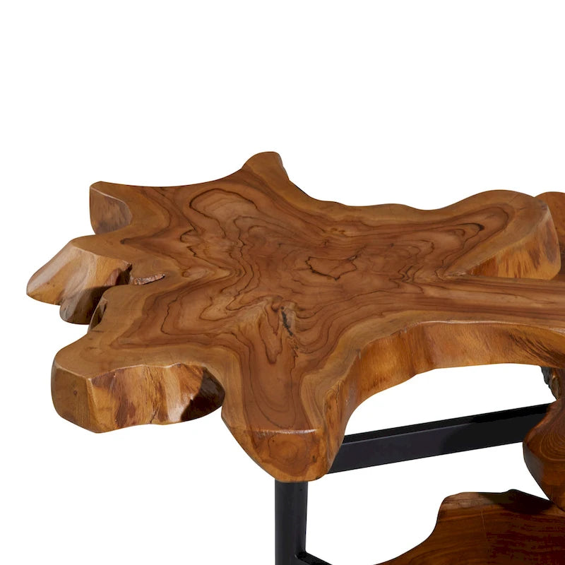 Brown Teak Wood Live Edge 3-Tier Accent Table, Black Metal Base