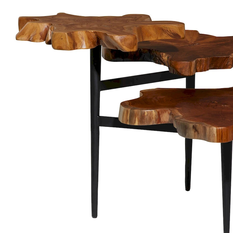 Brown Teak Wood Live Edge 3-Tier Accent Table, Black Metal Base