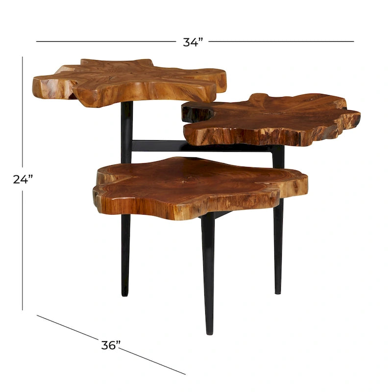 Brown Teak Wood Live Edge 3-Tier Accent Table, Black Metal Base