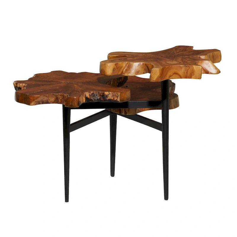 Brown Teak Wood Live Edge 3-Tier Accent Table, Black Metal Base