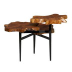 Brown Teak Wood Live Edge 3-Tier Accent Table, Black Metal Base