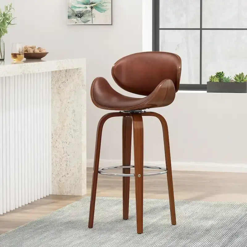 Walnut Upholstered Swivel Barstool, Mid-Century Modern, 1-Person