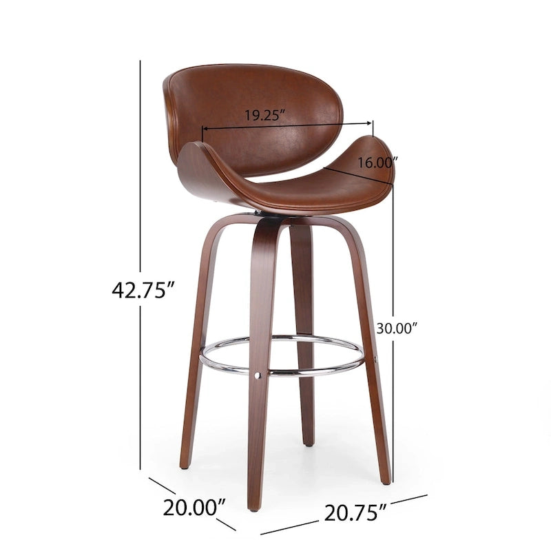 Walnut Upholstered Swivel Barstool, Mid-Century Modern, 1-Person