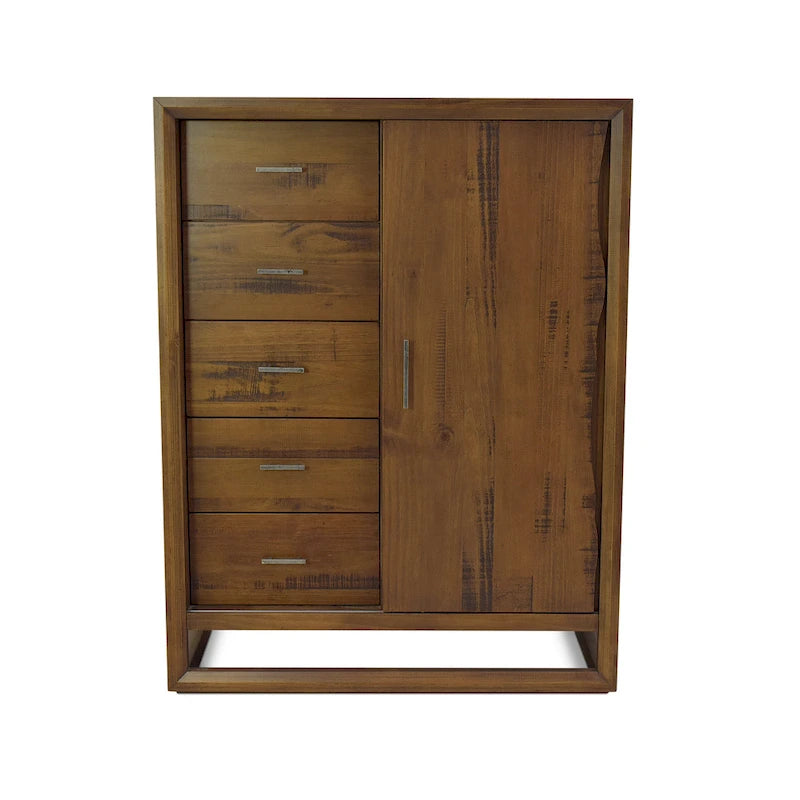 Distressed Mocha Dresser with Sliding Door – 5 Drawers & 3 Shelves, Single User
