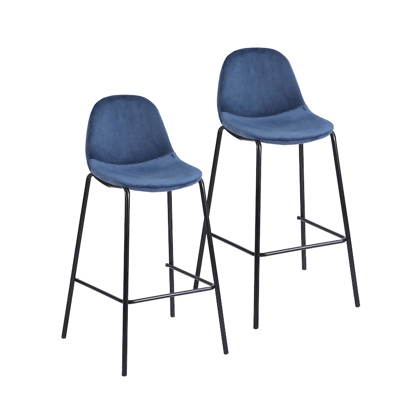 Green / Pink / Grey / Blue Velvet Bar Stool Set of 2, Armless Low Back, Iron Legs