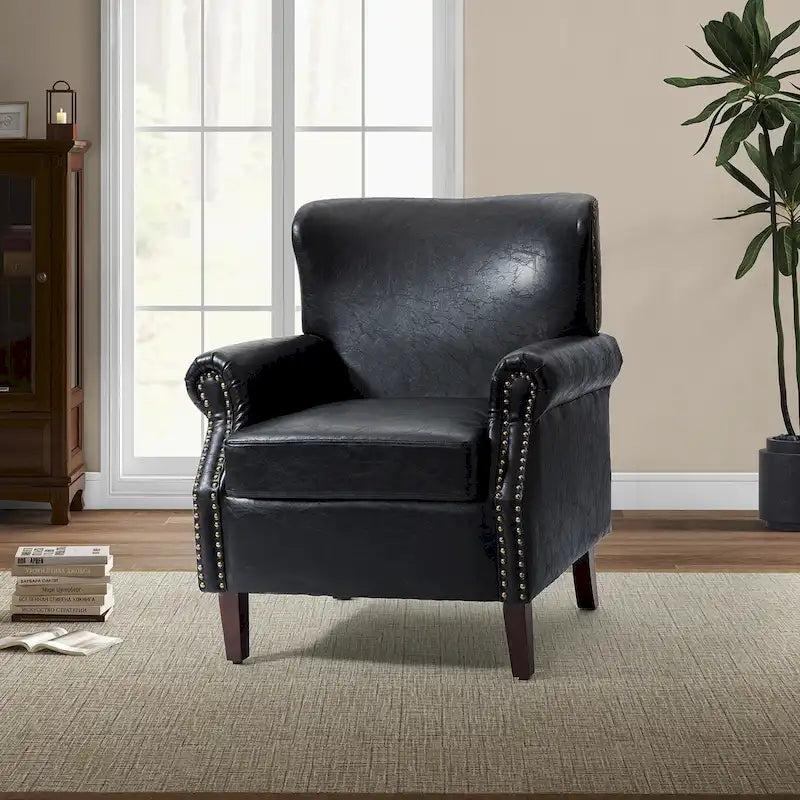 Single Seat Rolled Arm Nailhead Trim Vegan Leather Armchair - Black / Navy / Brown / Camel / Grey / Ivory