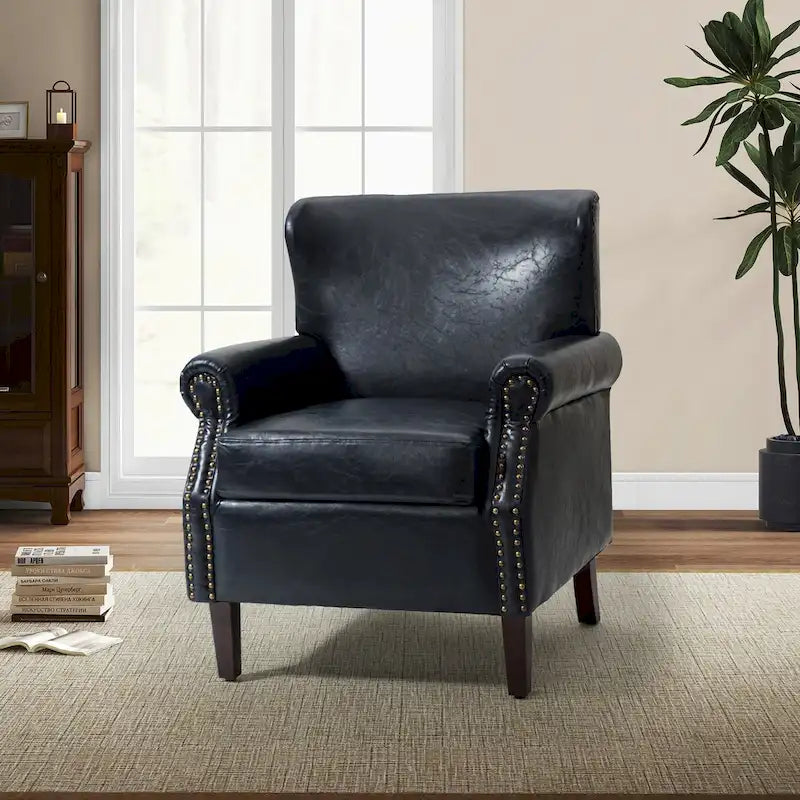 Single Seat Rolled Arm Nailhead Trim Vegan Leather Armchair - Black / Navy / Brown / Camel / Grey / Ivory
