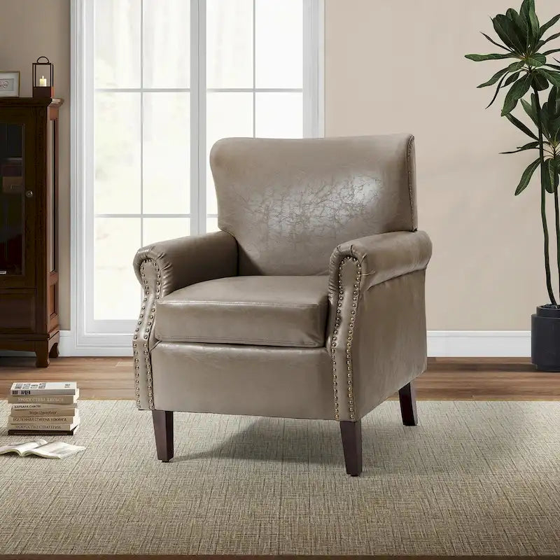 Single Seat Rolled Arm Nailhead Trim Vegan Leather Armchair - Black / Navy / Brown / Camel / Grey / Ivory