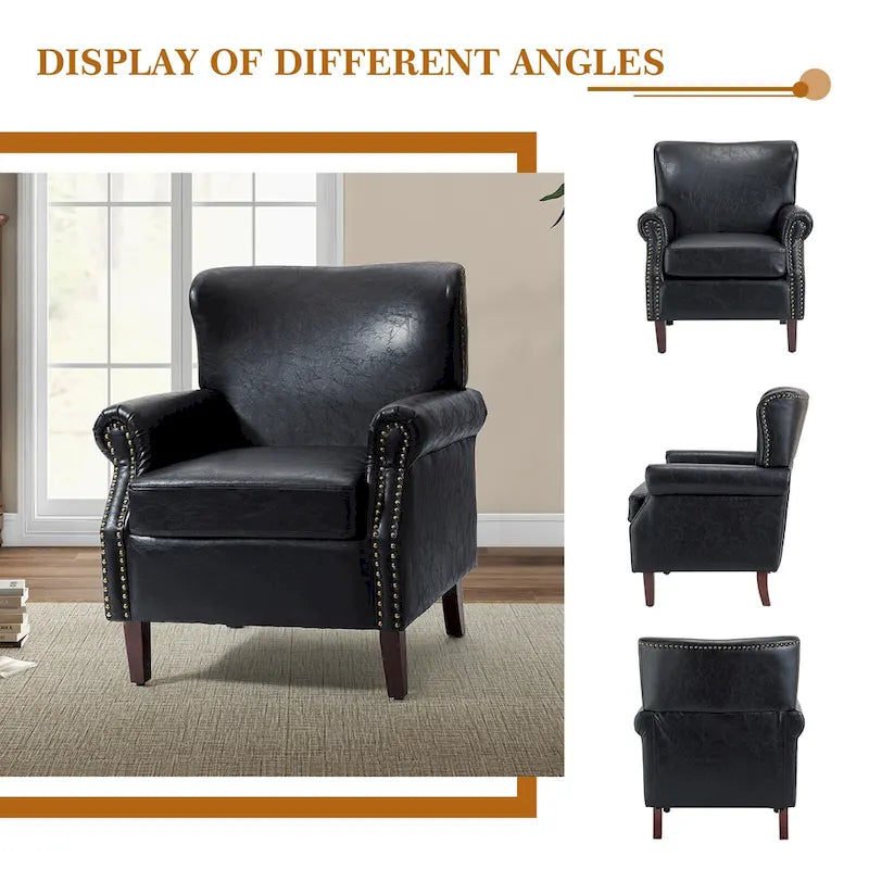 Single Seat Rolled Arm Nailhead Trim Vegan Leather Armchair - Black / Navy / Brown / Camel / Grey / Ivory