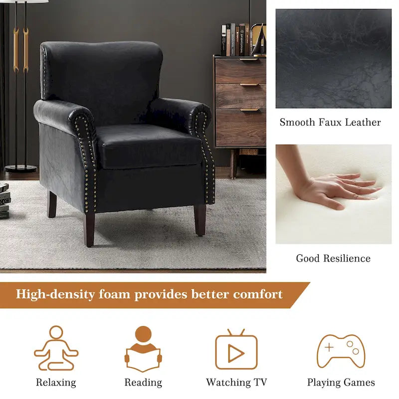 Single Seat Rolled Arm Nailhead Trim Vegan Leather Armchair - Black / Navy / Brown / Camel / Grey / Ivory