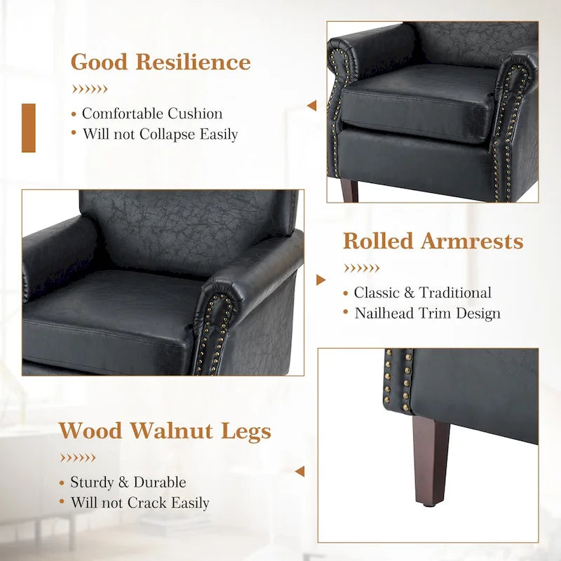 Single Seat Rolled Arm Nailhead Trim Vegan Leather Armchair - Black / Navy / Brown / Camel / Grey / Ivory