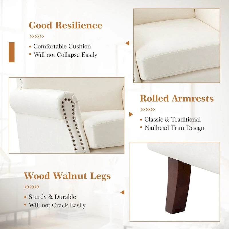 Single Seat Rolled Arm Nailhead Trim Vegan Leather Armchair - Black / Navy / Brown / Camel / Grey / Ivory