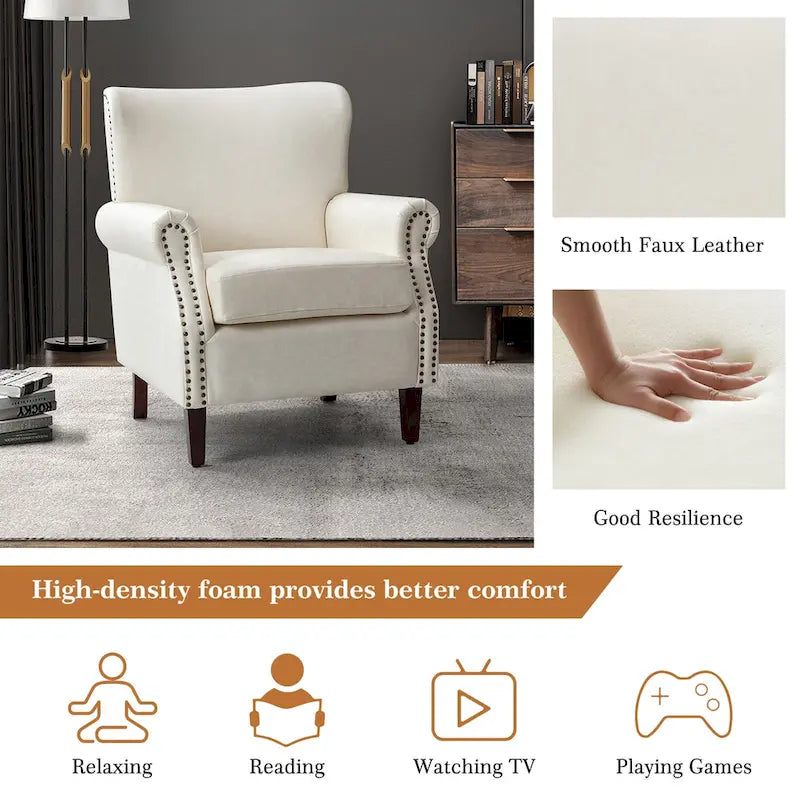 Single Seat Rolled Arm Nailhead Trim Vegan Leather Armchair - Black / Navy / Brown / Camel / Grey / Ivory