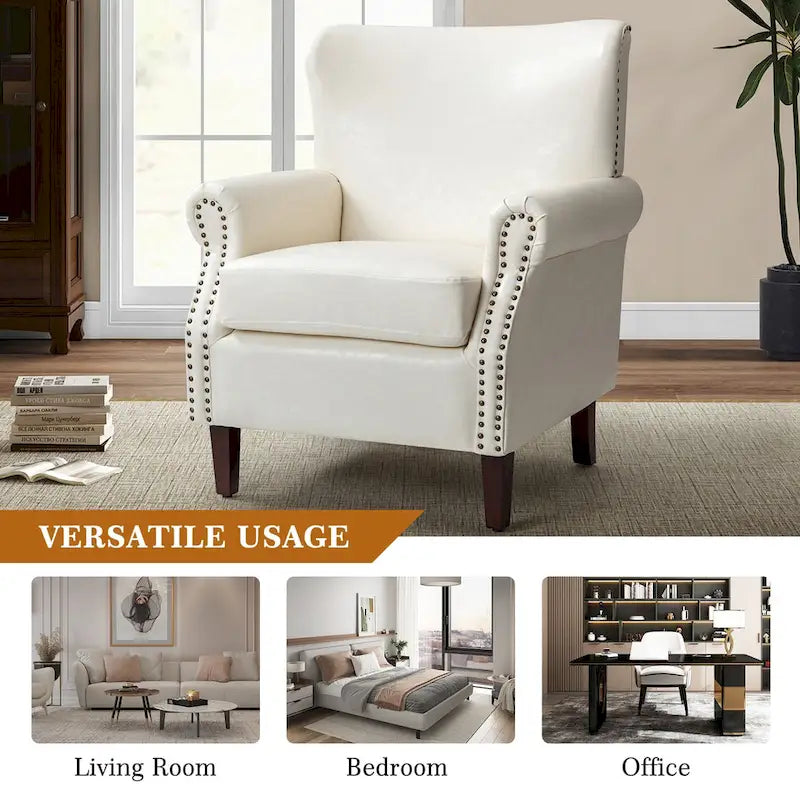 Single Seat Rolled Arm Nailhead Trim Vegan Leather Armchair - Black / Navy / Brown / Camel / Grey / Ivory