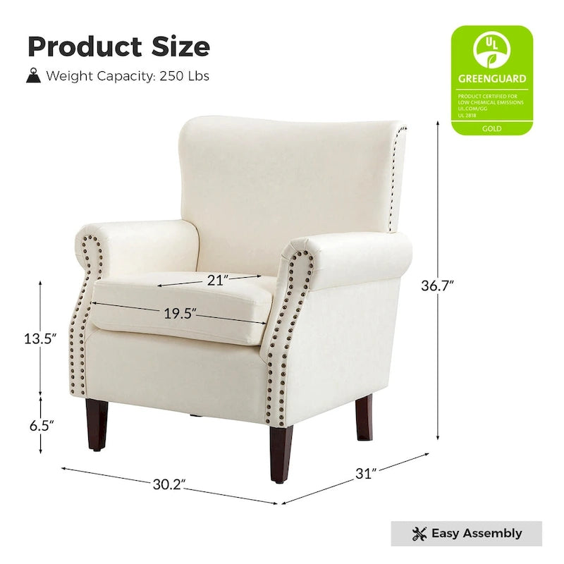 Single Seat Rolled Arm Nailhead Trim Vegan Leather Armchair - Black / Navy / Brown / Camel / Grey / Ivory