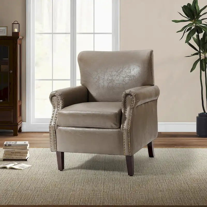 Single Seat Rolled Arm Nailhead Trim Vegan Leather Armchair - Black / Navy / Brown / Camel / Grey / Ivory