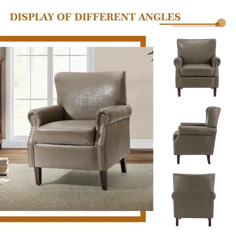 Single Seat Rolled Arm Nailhead Trim Vegan Leather Armchair - Black / Navy / Brown / Camel / Grey / Ivory