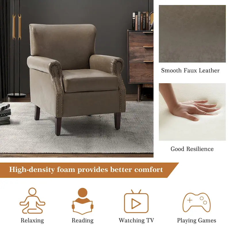 Single Seat Rolled Arm Nailhead Trim Vegan Leather Armchair - Black / Navy / Brown / Camel / Grey / Ivory